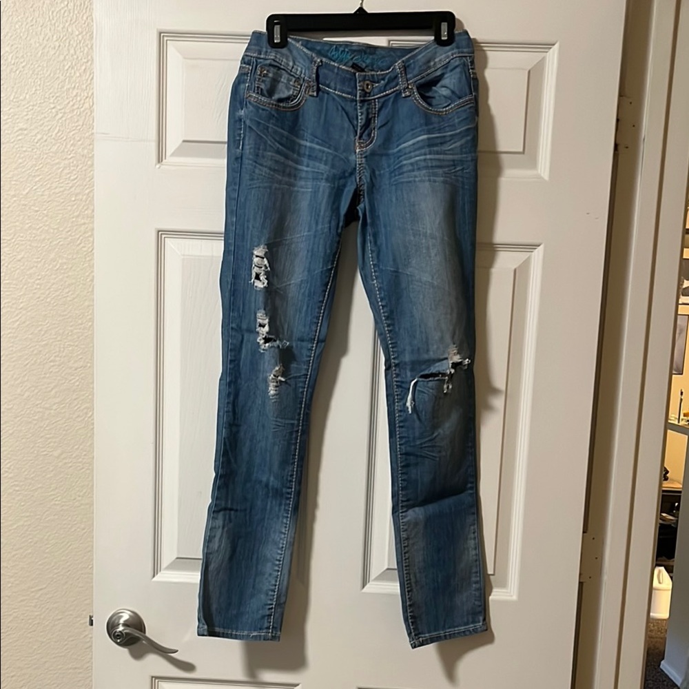 Blue Straight Leg Distressed Jeans